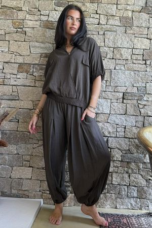 Basso Button Drape Cap Sleeve Shirt Chocolate